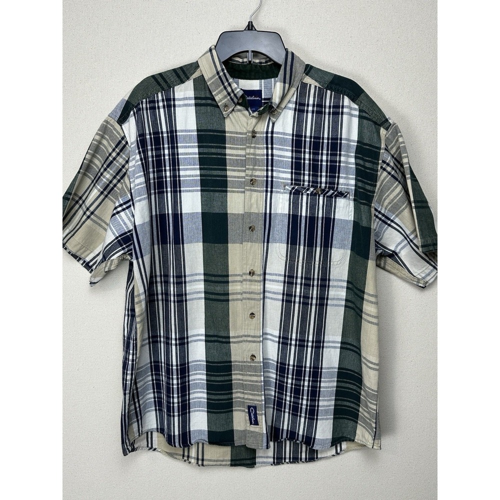 Catalina Men's Short Sleeve Shirt Sz L Thick 100% Cotton Blue Green Plaid